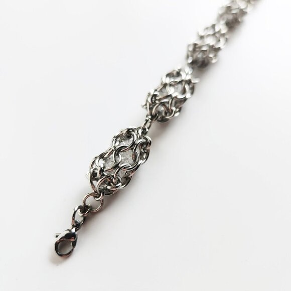 Elegant antique style chainmaille caged beads chunky silver bracelet - Picture 7 of 9